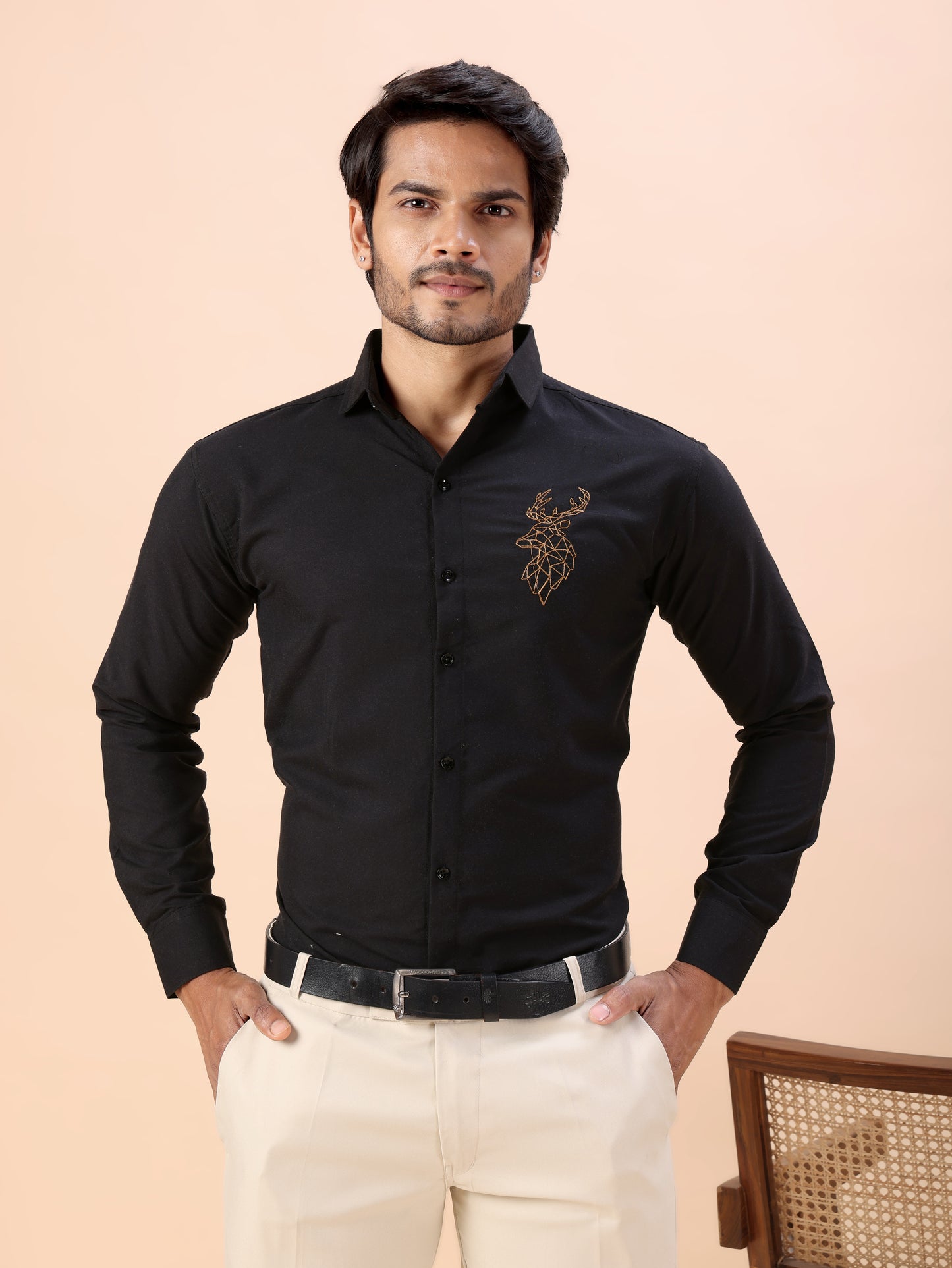 Deer Embroidered Black Men’s Premium Cotton Shirt