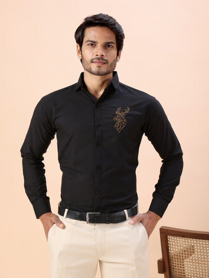 Deer Embroidered Black Men’s Premium Cotton Shirt