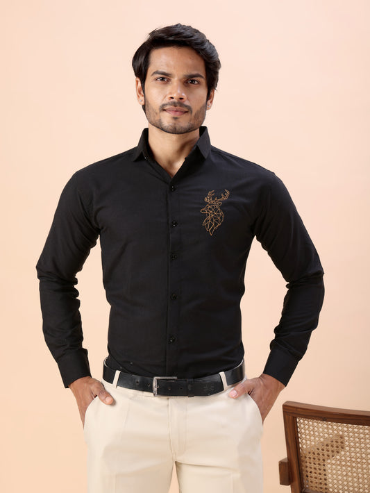 Deer Embroidered Black Men’s Premium Cotton Shirt
