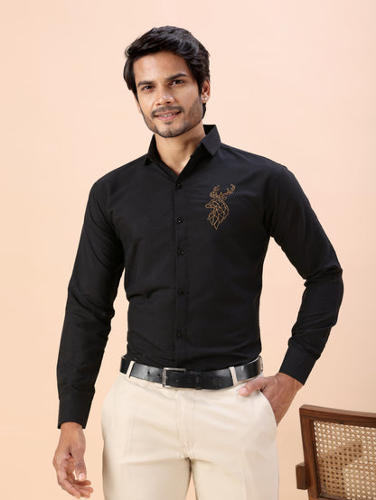 Deer Embroidered Black Men’s Premium Cotton Shirt