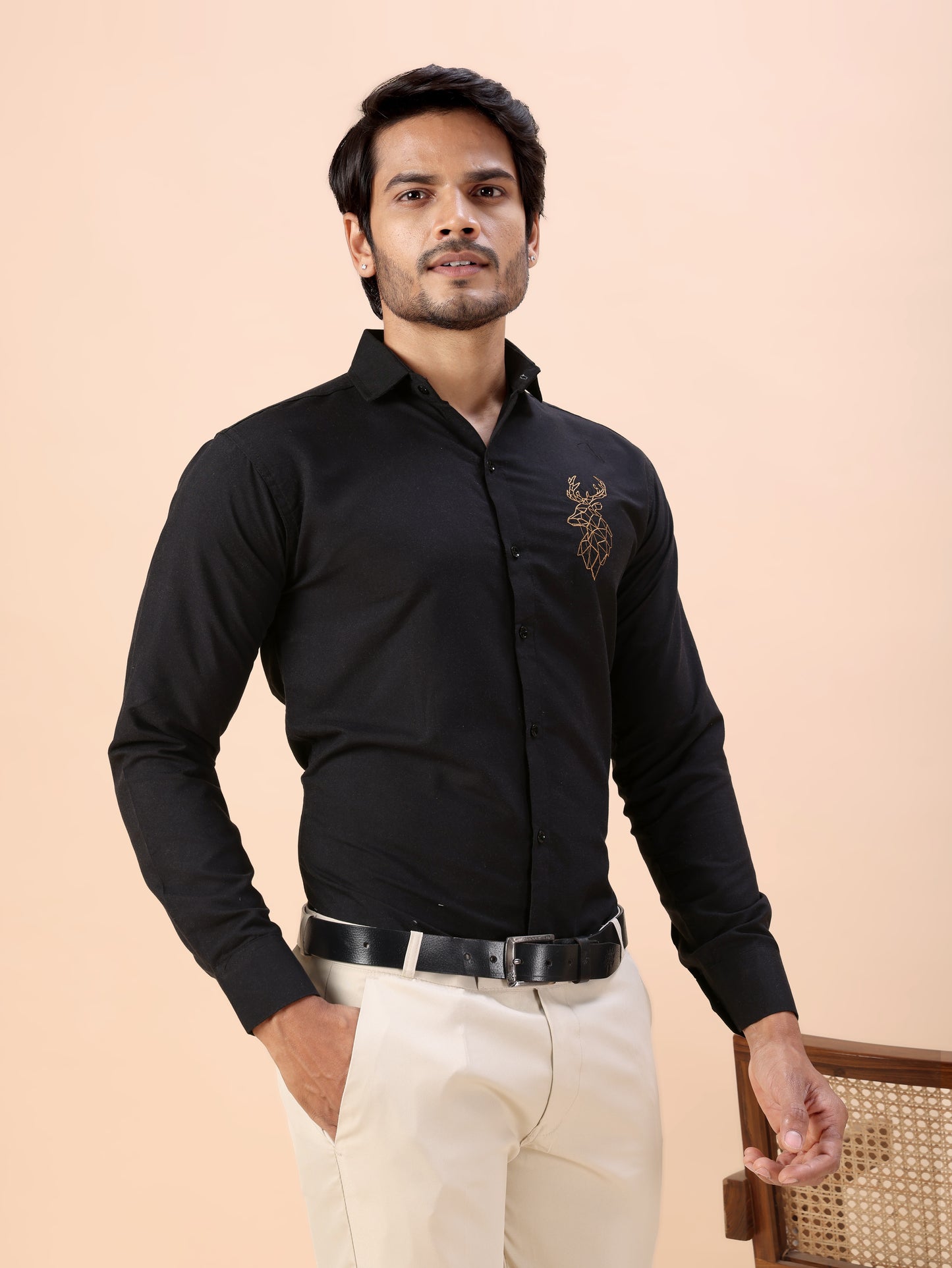 Deer Embroidered Black Men’s Premium Cotton Shirt