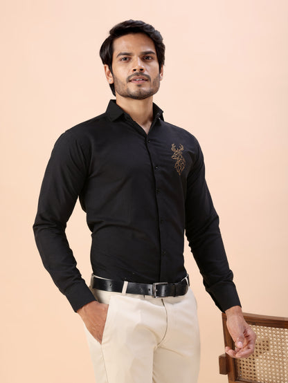 Deer Embroidered Black Men’s Premium Cotton Shirt