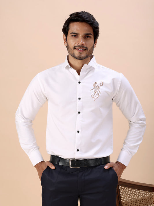 Deer Embroidered White Men’s Premium Cotton Shirt