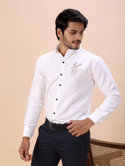Deer Embroidered White Men’s Premium Cotton Shirt
