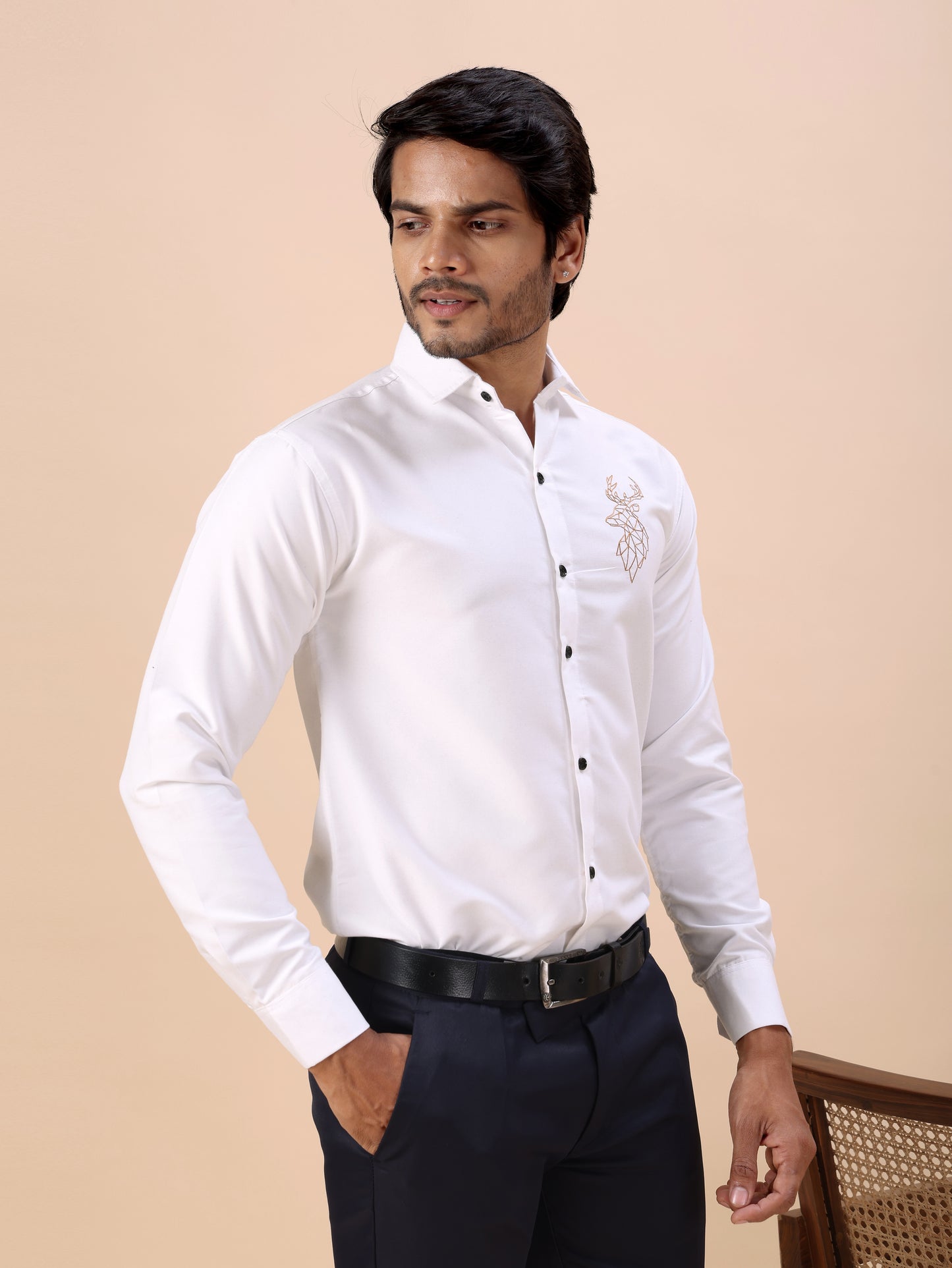 Deer Embroidered White Men’s Premium Cotton Shirt