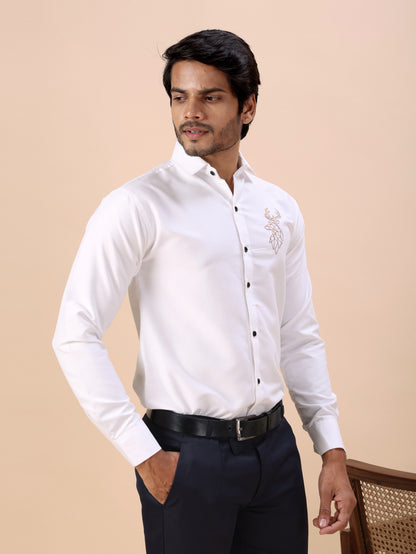 Deer Embroidered White Men’s Premium Cotton Shirt