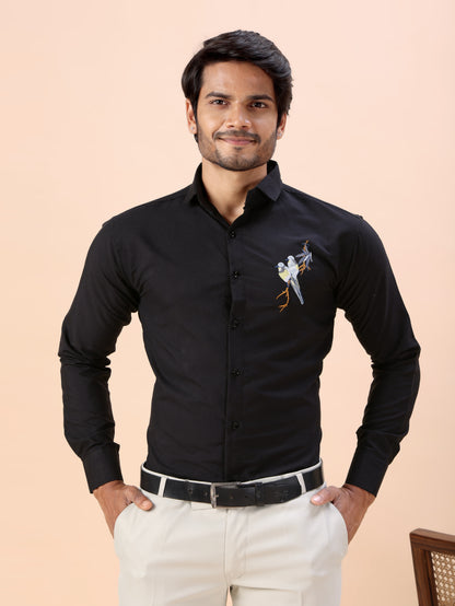Bird Embroidered Black Men’s Luxury Cotton Shirt