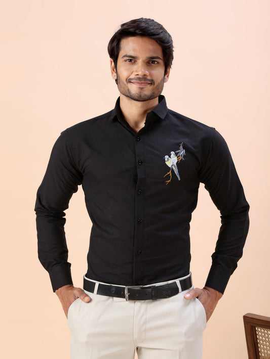 Bird Embroidered Black Men’s Luxury Cotton Shirt