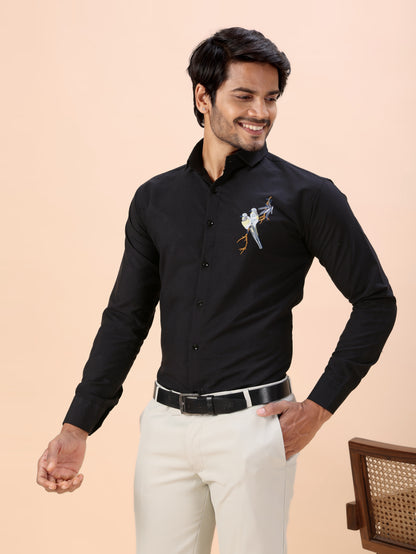 Bird Embroidered Black Men’s Luxury Cotton Shirt