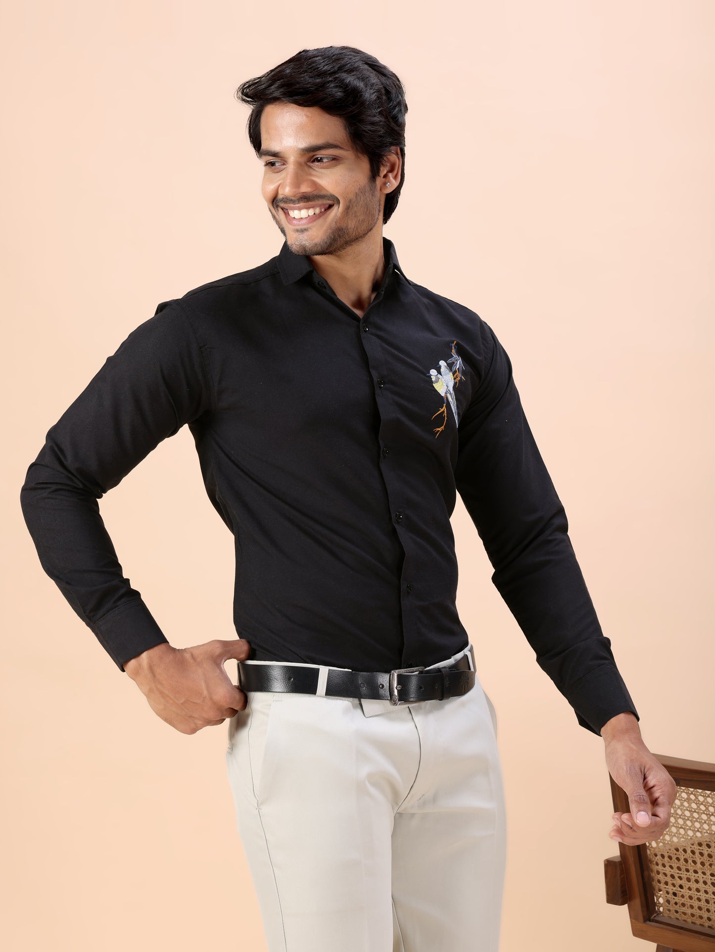 Bird Embroidered Black Men’s Luxury Cotton Shirt