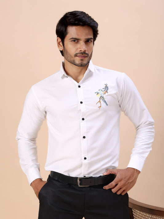 Bird Embroidered White Men’s Luxury Cotton Shirt