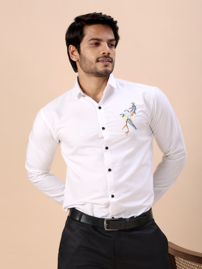 Bird Embroidered White Men’s Luxury Cotton Shirt