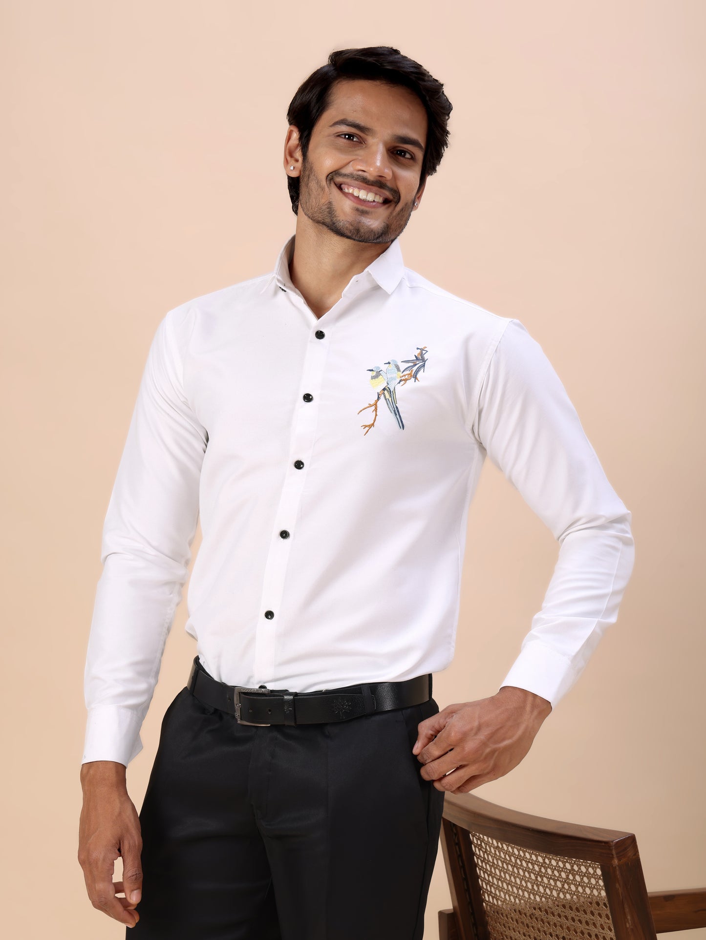 Bird Embroidered White Men’s Luxury Cotton Shirt