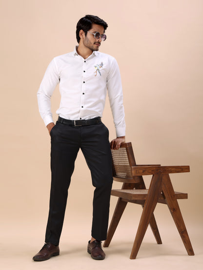 Bird Embroidered White Men’s Luxury Cotton Shirt